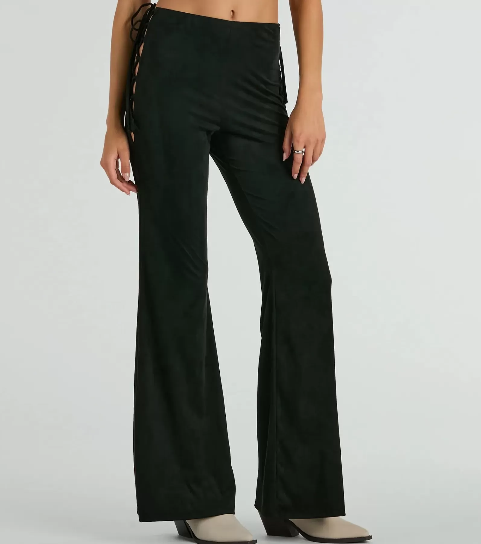 Windsor Black Pants | Faux Leather & Suede Bottoms*All Laced-Up Flare Faux Suede Pants