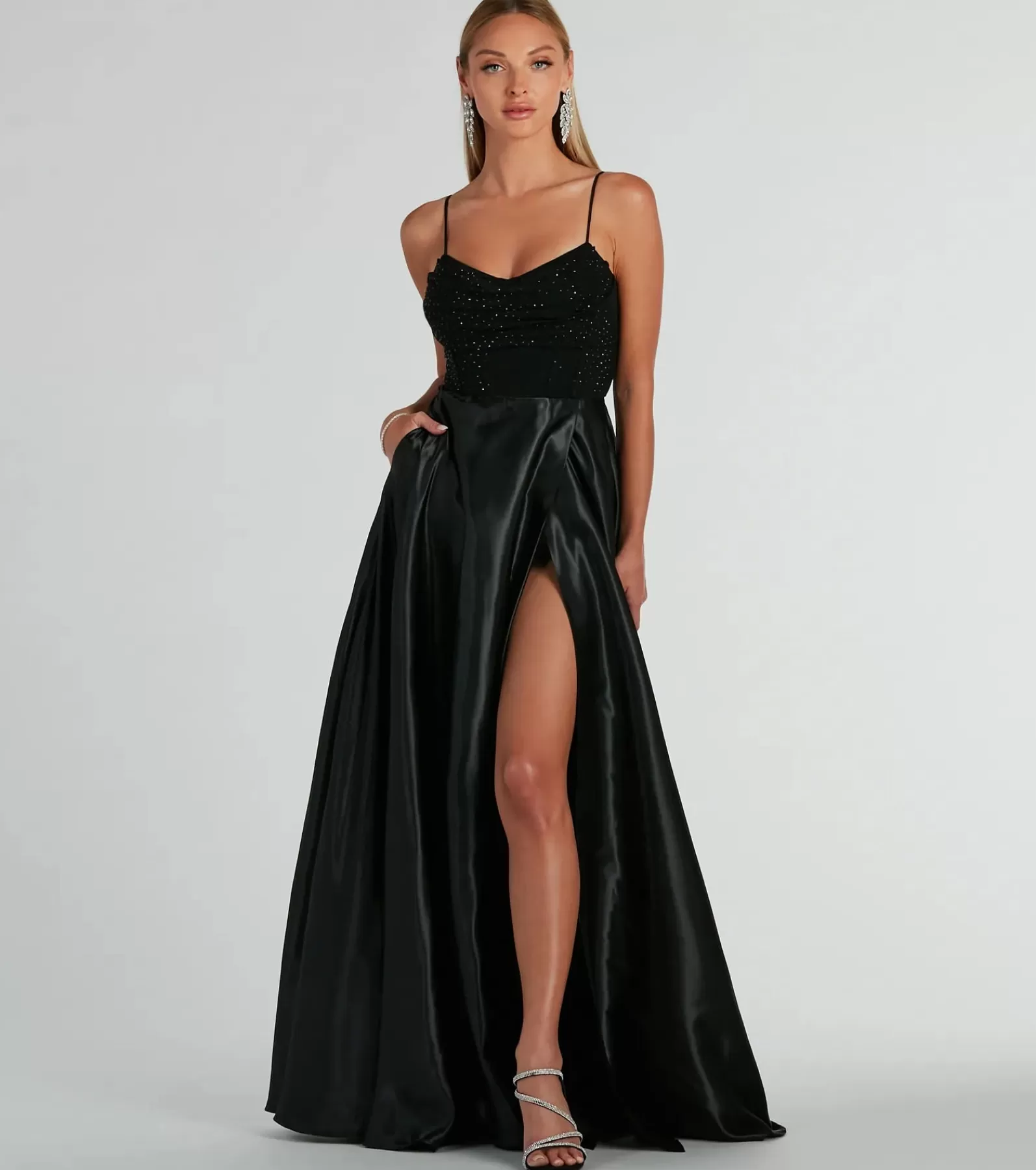 Windsor Ball Gowns*Ammara Cowl Neck Slit A-Line Satin Formal Dress