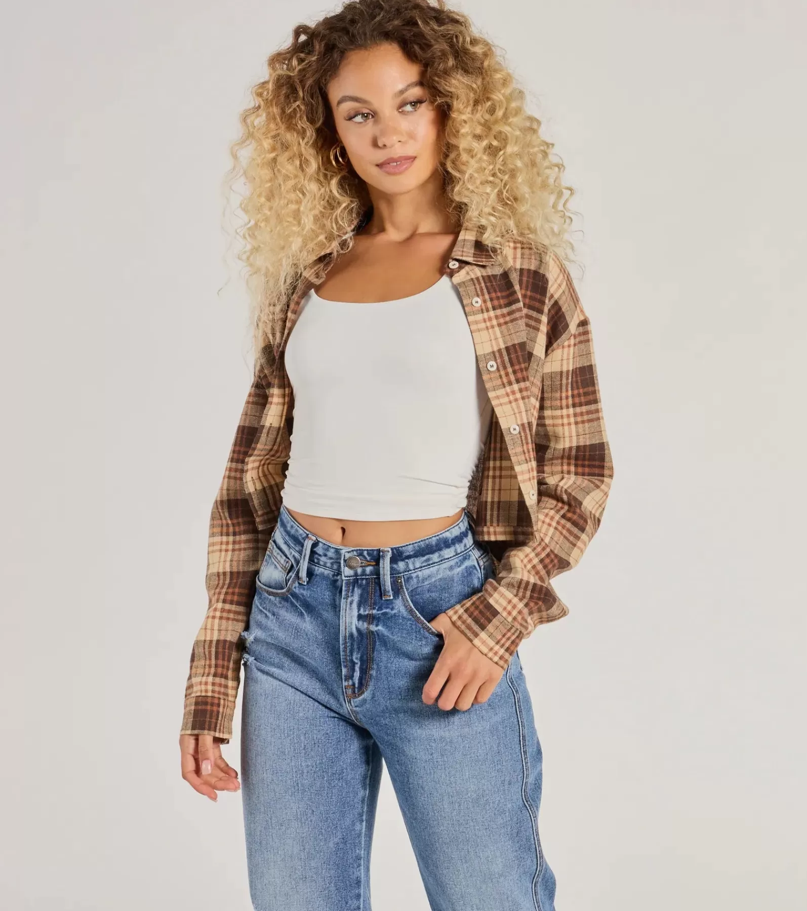 Windsor Long Sleeve Tops | Crop Tops*Casual Act Button-Up Plaid Crop Top