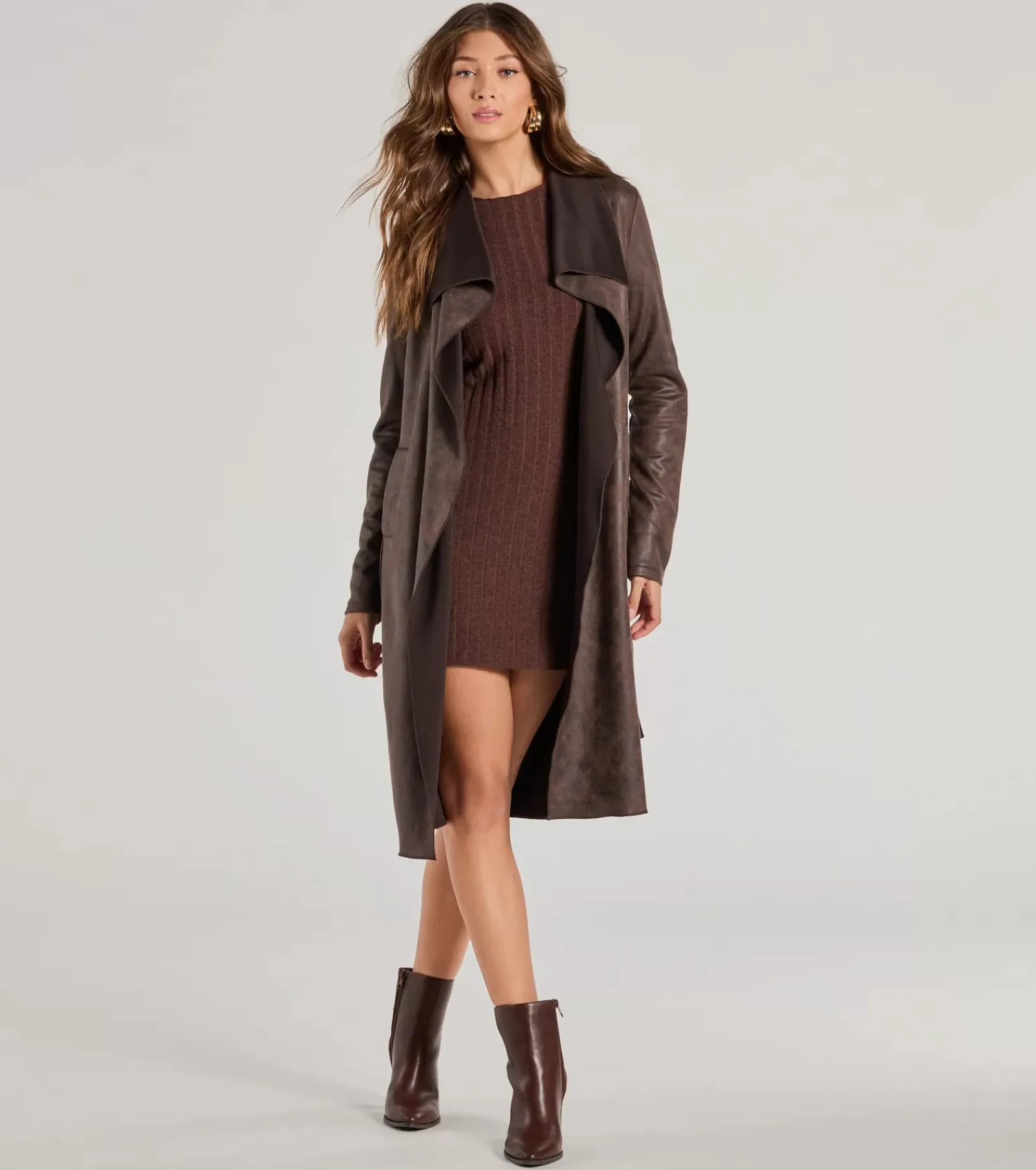 Windsor Coats | Moto & Faux Leather*Chic Impression Faux Suede Belted Trench Coat