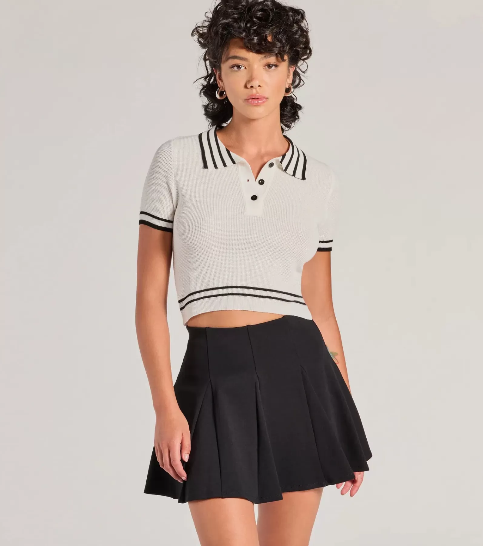 Windsor Short Sleeve Tops*Cute Status Striped Polo Crop Top