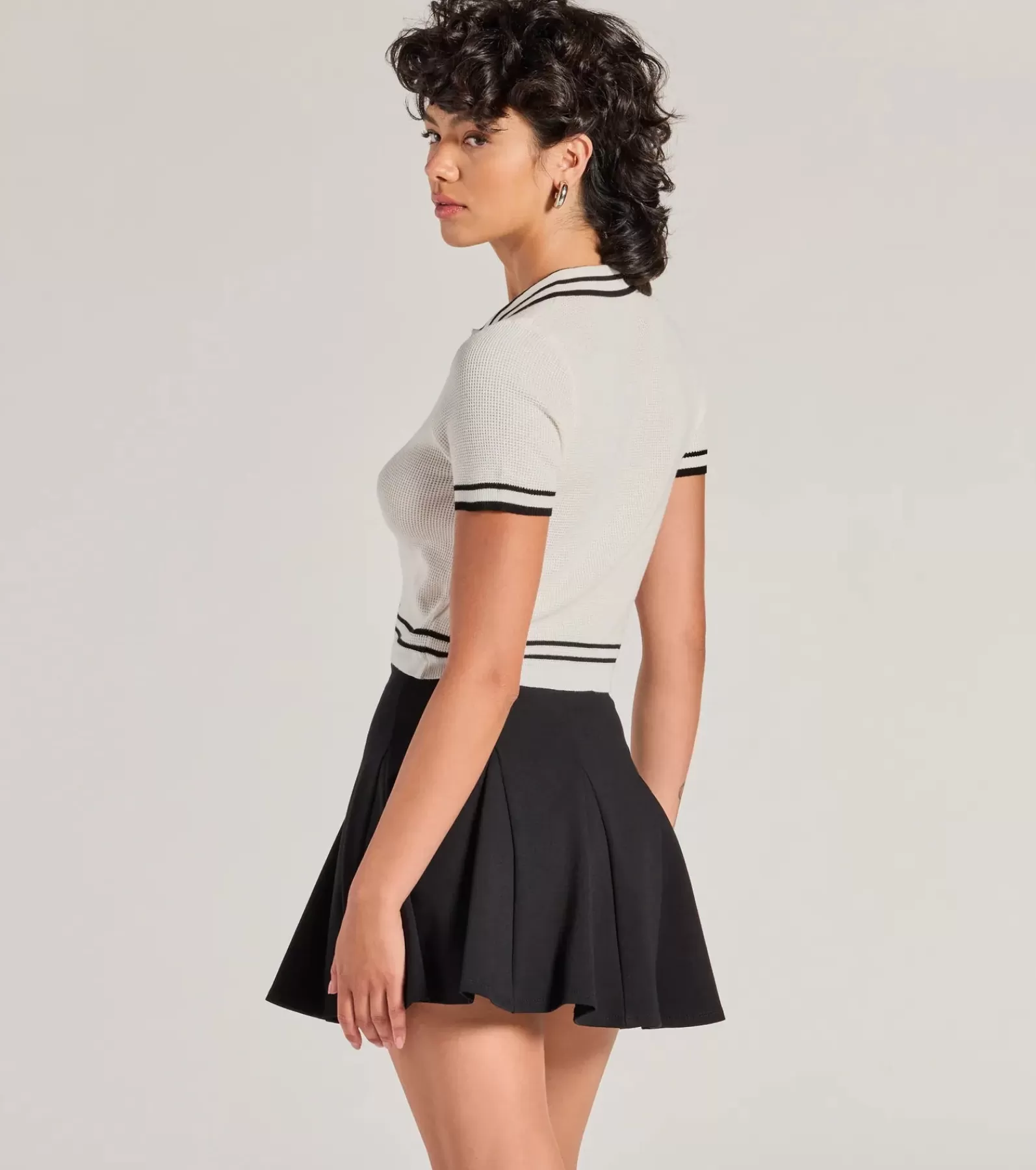 Windsor Short Sleeve Tops*Cute Status Striped Polo Crop Top