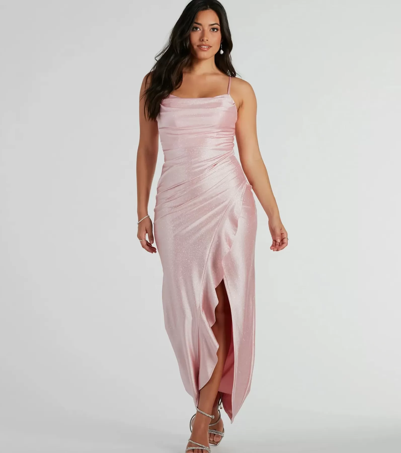 Windsor Pink Bridesmaid Dresses*Ellen Ruffled Slit Long Glitter Formal Dress