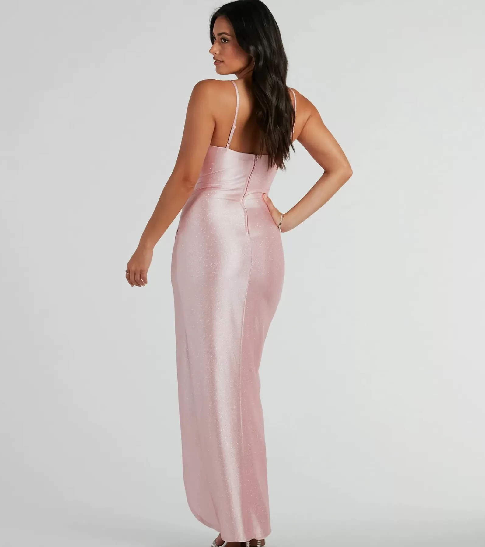 Windsor Pink Bridesmaid Dresses*Ellen Ruffled Slit Long Glitter Formal Dress