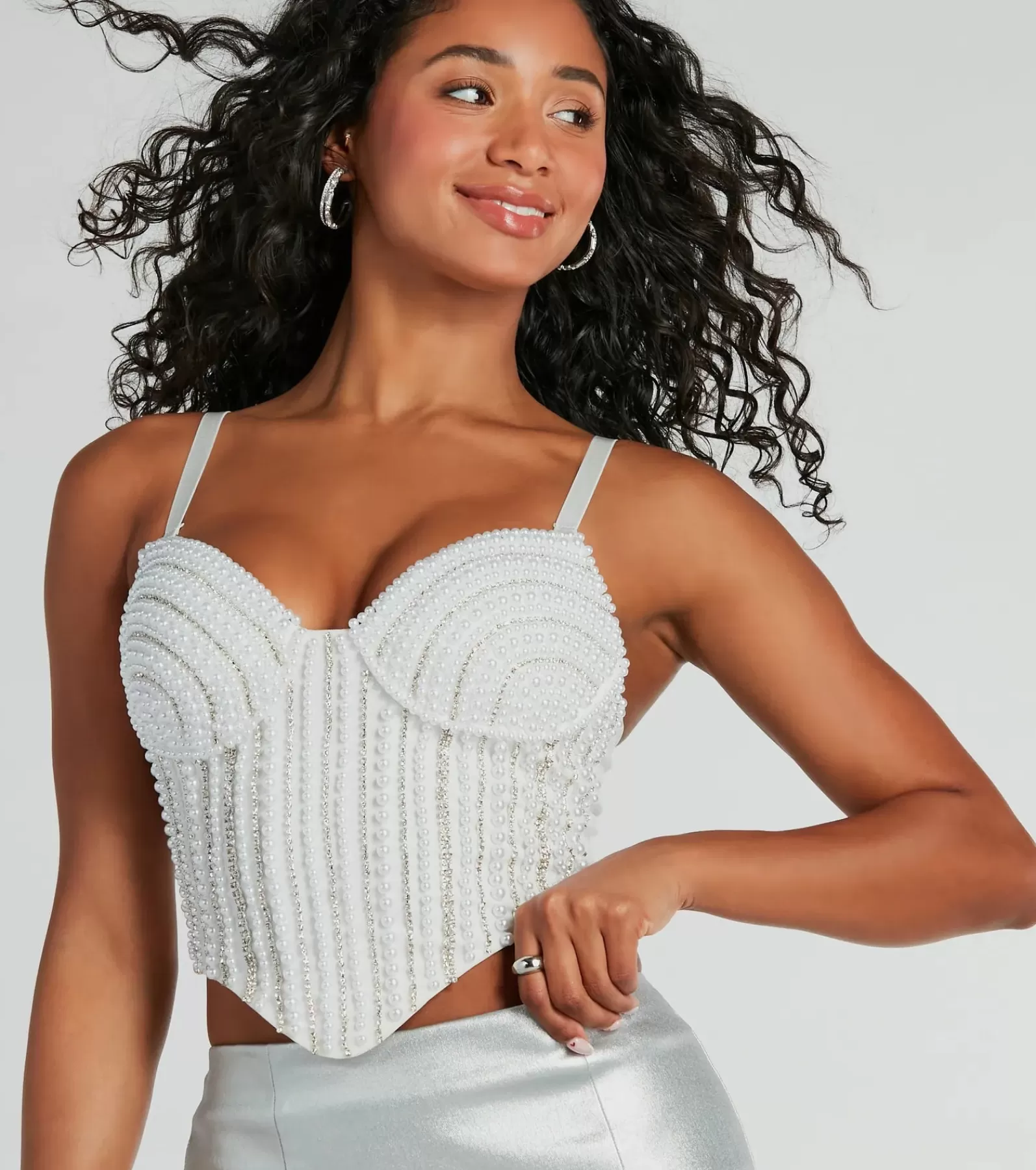 Windsor Nye Outfits | Corset & Bustier Tops*Feeling Bold Faux Pearl Rhinestone Bustier