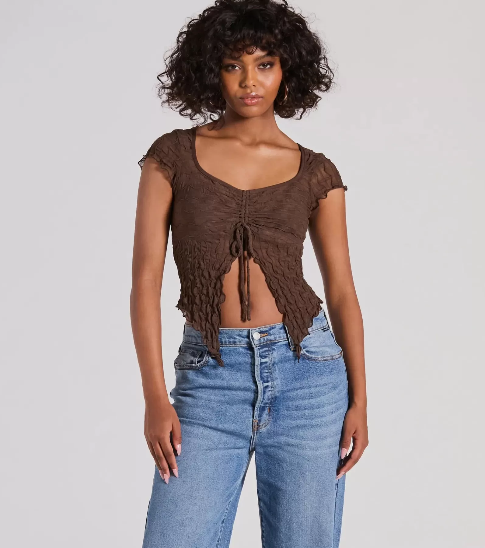 Windsor Tie Front Tops | Short Sleeve Tops*Flirty Expert Short Sleeve Slit Texture Crop Top