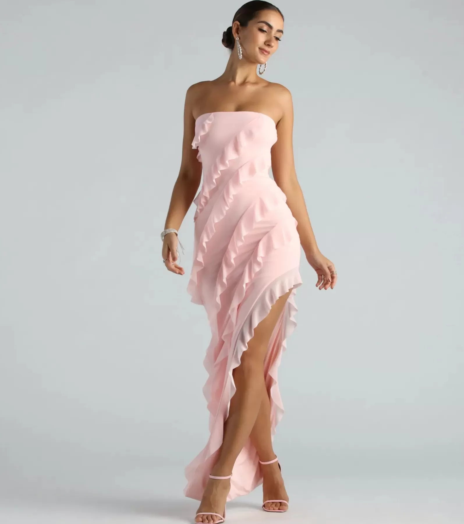 Windsor Pink Bridesmaid Dresses | Maxi Dresses*Gabby Formal Mesh Strapless Ruffle Long Dress