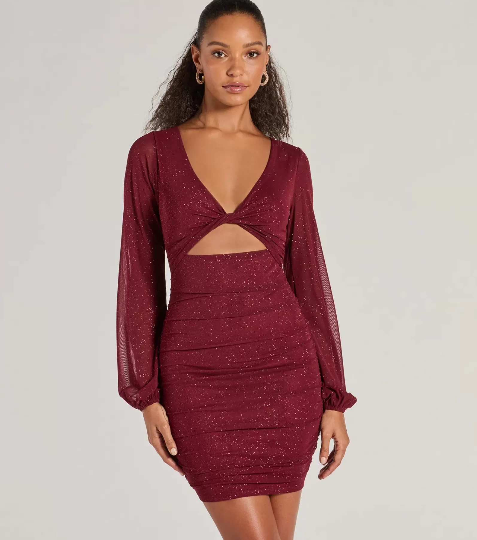 Windsor Long Sleeve Nye Dresses | Glitter Nye Dresses*Glam Energy Glitter Mesh Cutout Mini Dress