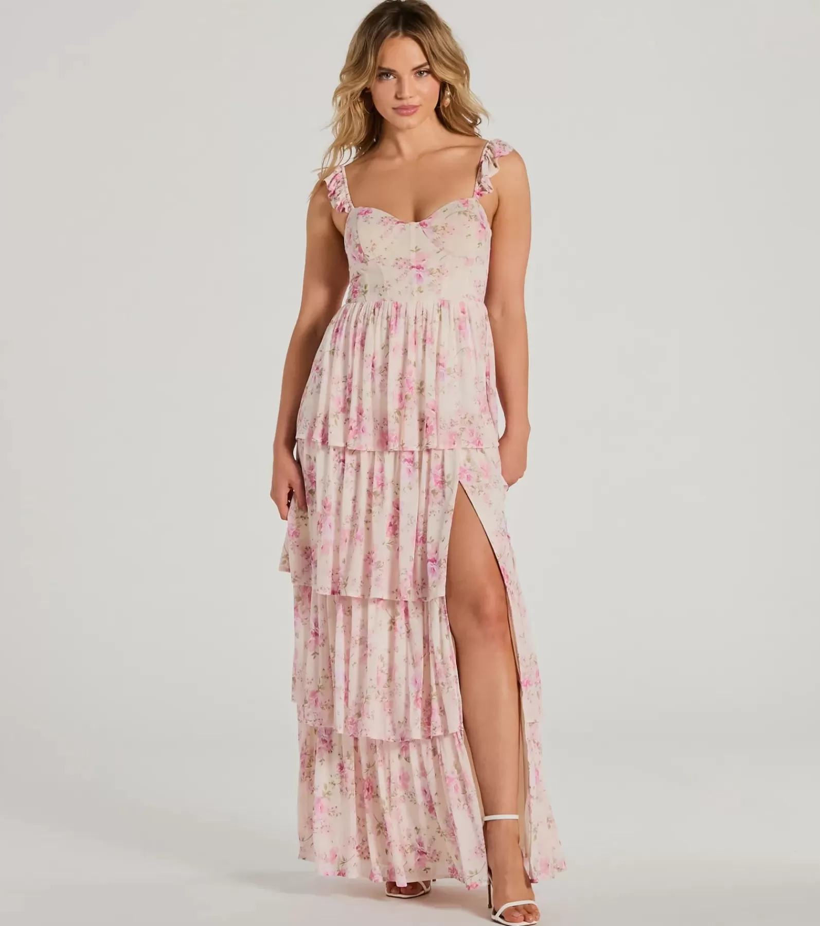 Windsor Pink Bridesmaid Dresses | Maxi Dresses*Gwen Sweetheart Ruffle Floral A-Line Formal Dress