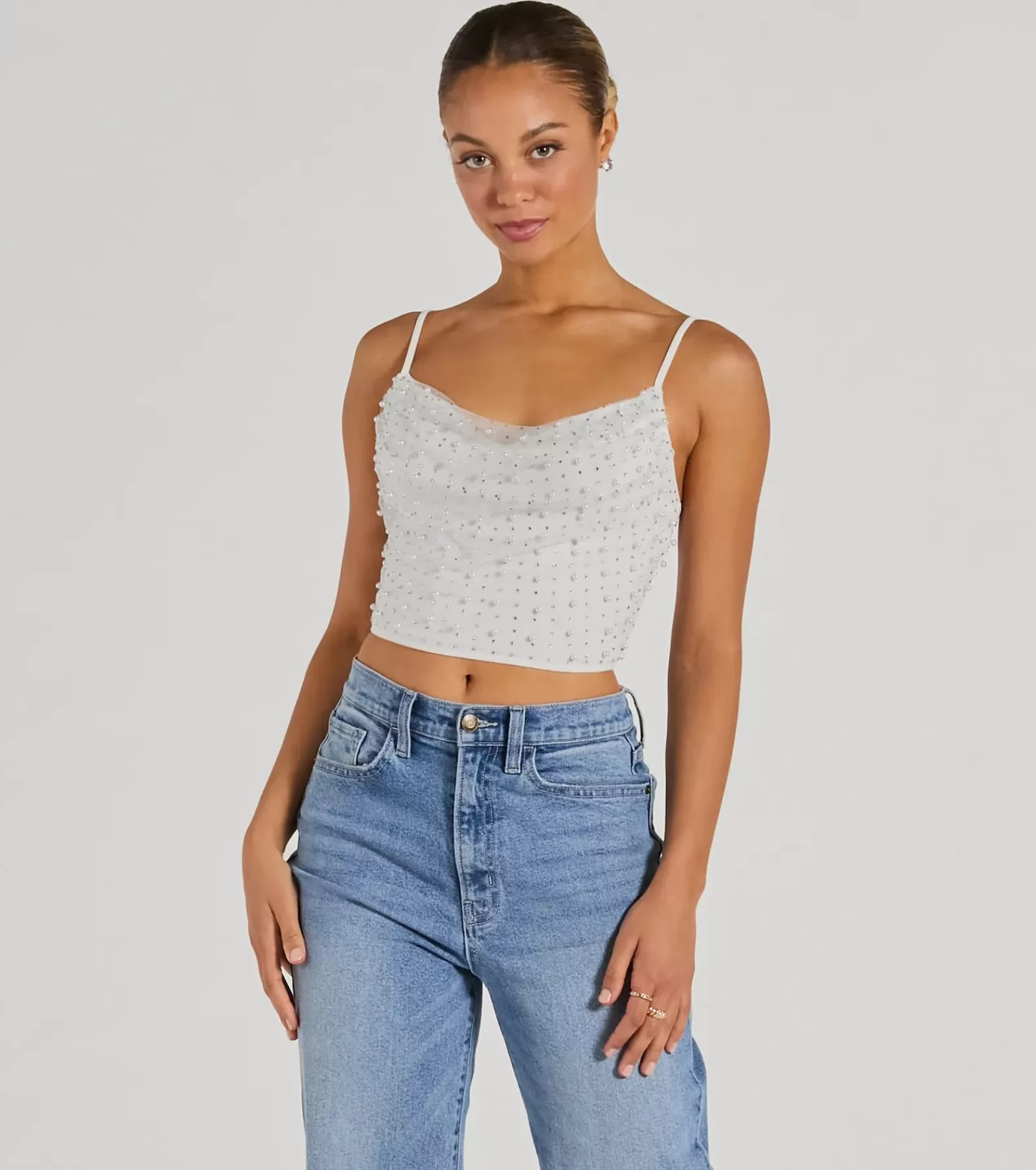 Windsor Going-Out Tops*Little Moment For Faux Pearl Rhinestone Crop Top