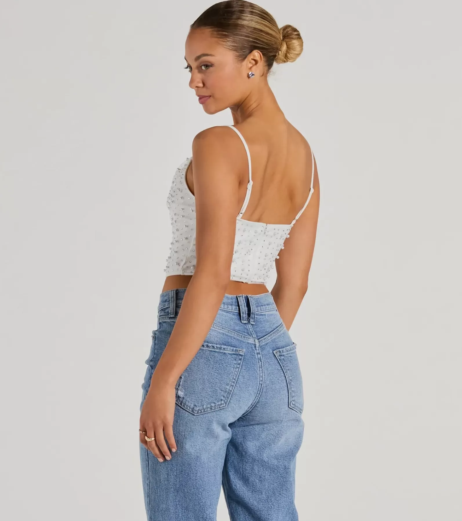 Windsor Going-Out Tops*Little Moment For Faux Pearl Rhinestone Crop Top