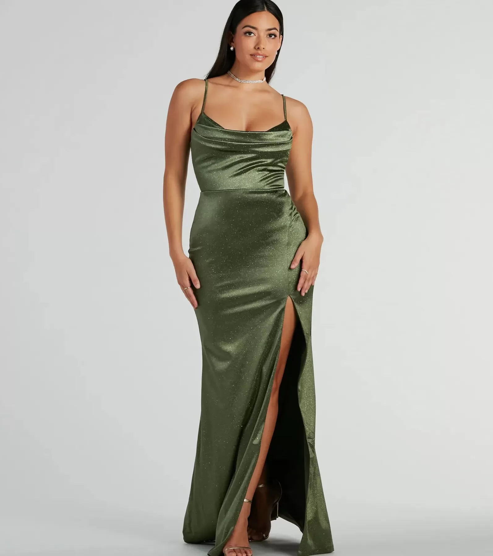 Windsor Satin Bridesmaid Dresses | Green Bridesmaid Dresses*Melody Cowl Neck Mermaid Glitter Satin Formal Dress