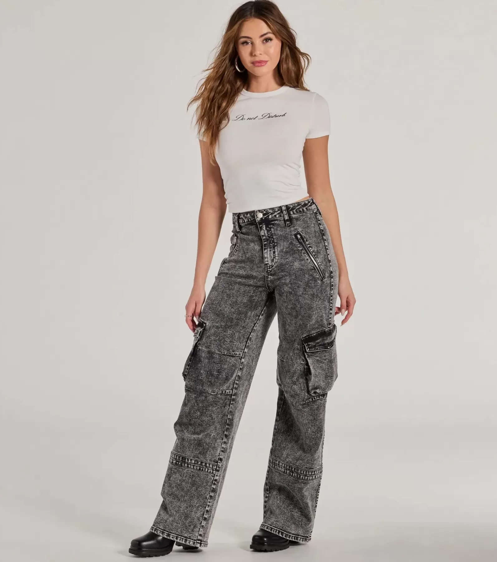 Windsor Black Pants | Cargo Pants*On-Trend High-Rise Cargo Acid Wash Jeans