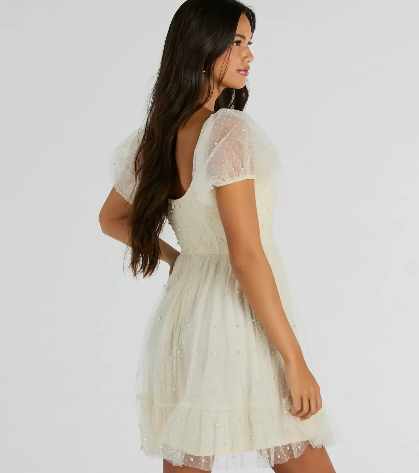 Windsor Rehearsal | Bridal Shower*Raise A Toast Puff Sleeve Faux Pearl Babydoll Dress