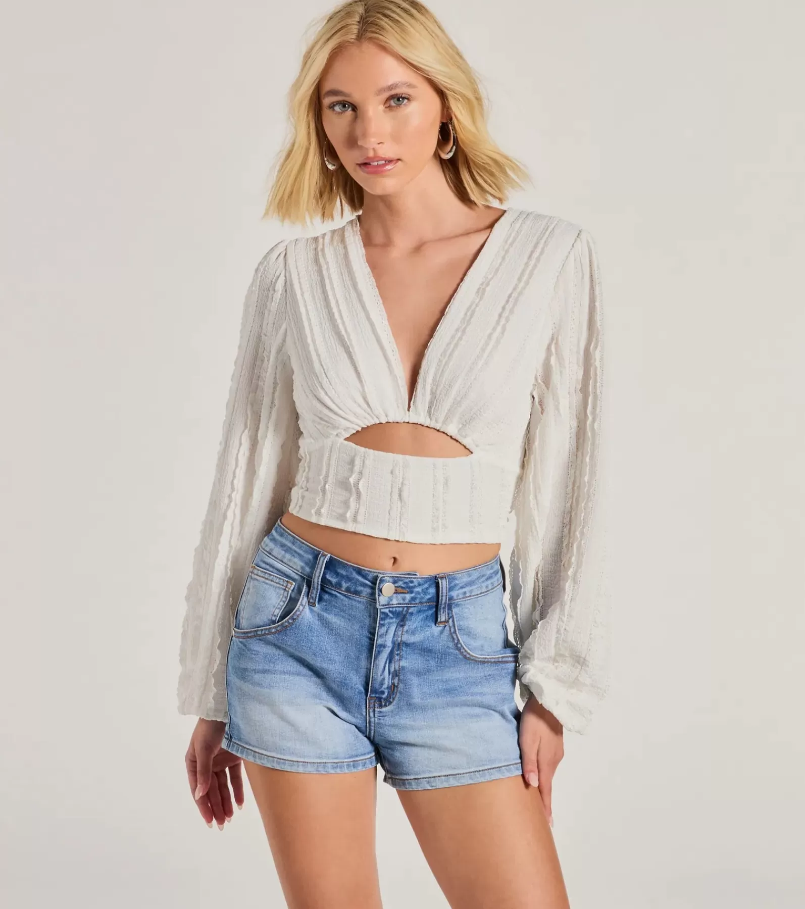 Windsor Long Sleeve Tops | Honeymoon*Romance Awaits Long Sleeve Ruffle Lace Trim Crop Top