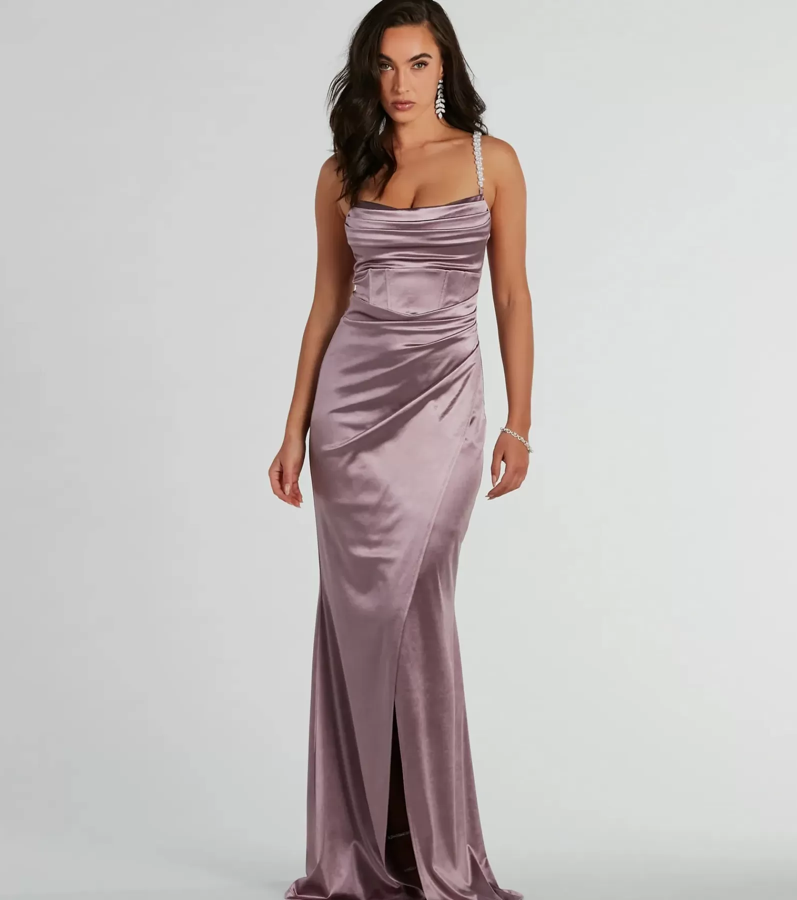 Windsor Purple Bridesmaid Dresses*Sam Faux Pearl Strap Mermaid Satin Formal Dress