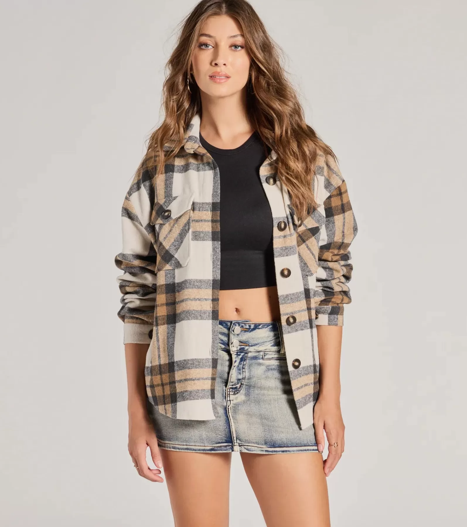 Windsor Shackets*Season Of Plaid Long Sleeve Oversized Shacket