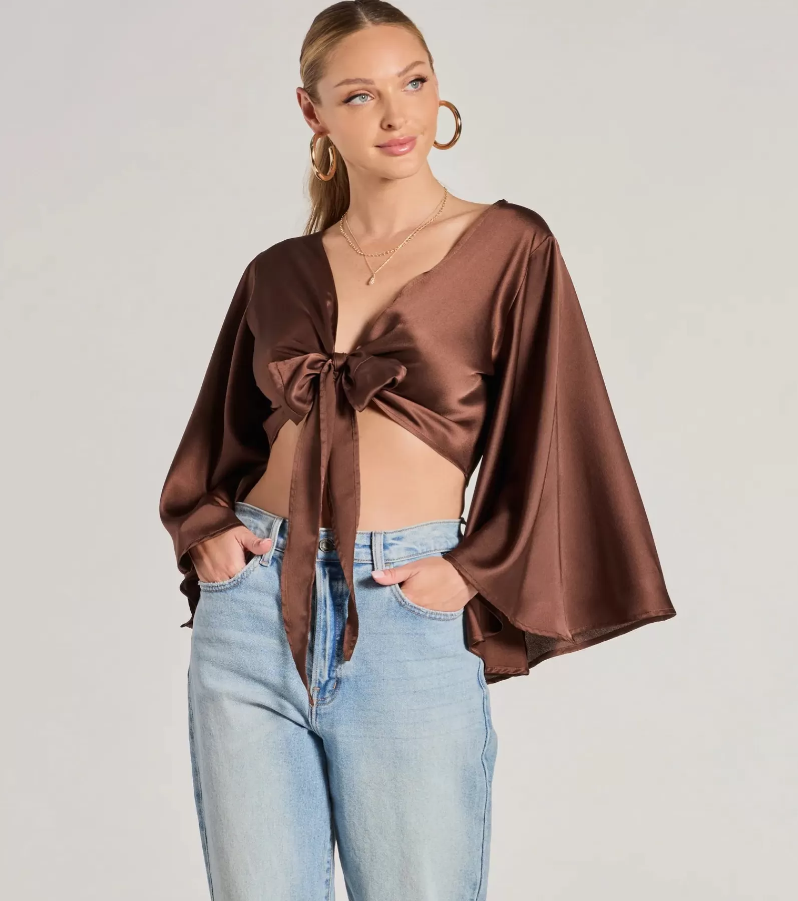 Windsor Tie Front Tops | Crop Tops*Silky Satin Tie Front Crop Top