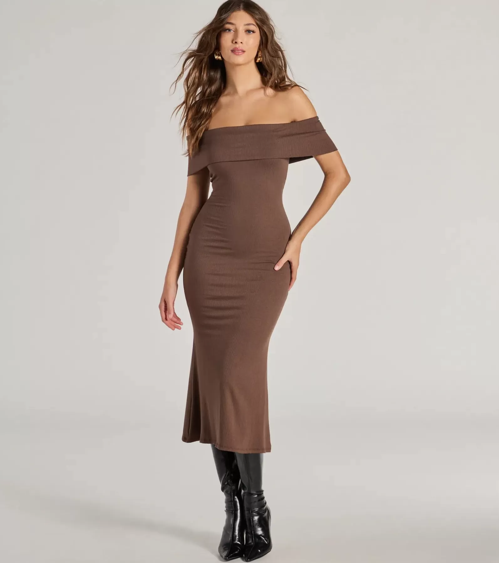 Windsor Midi Dresses | Bodycon Dresses*Sleek Silhouette Ribbed Knit Off-The-Shoulder Midi Dress