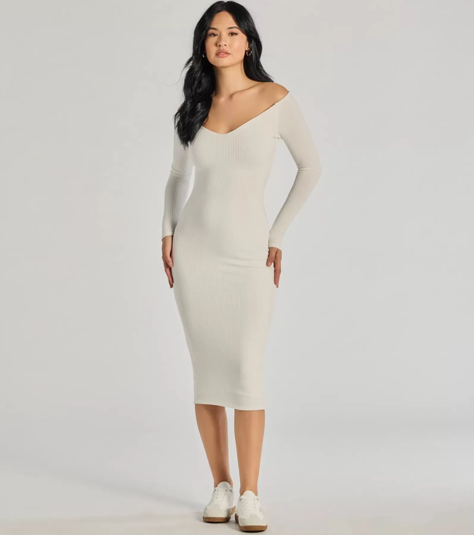 Windsor Long Sleeve Holiday Dresses | Midi Holiday Dresses*Sleek Vibes Off The Shoulder Knit Midi Dress