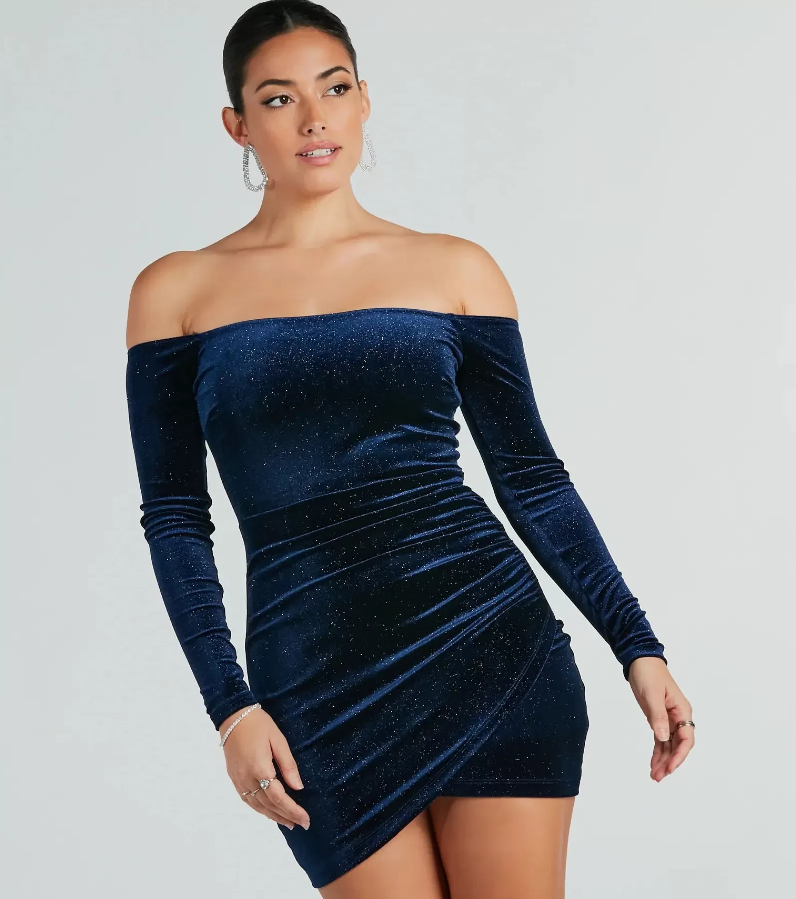 Windsor Glitter Nye Dresses | Bachelorette Dresses*Sparkly Glitter Velvet Long Sleeve Mini Dress