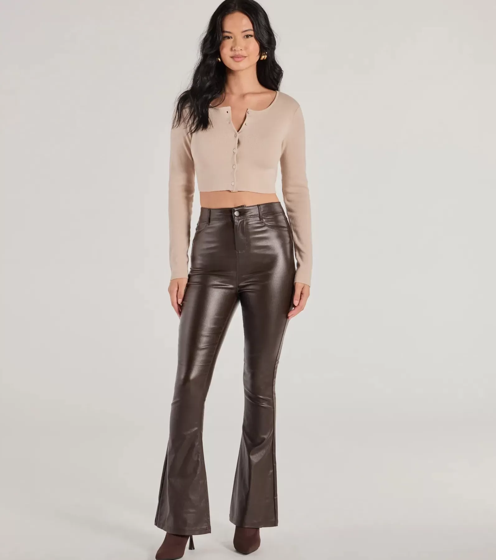 Windsor Faux Leather & Suede Bottoms | Flare Pants*Trendsetter Alert Coated Faux Leather Flared Pants